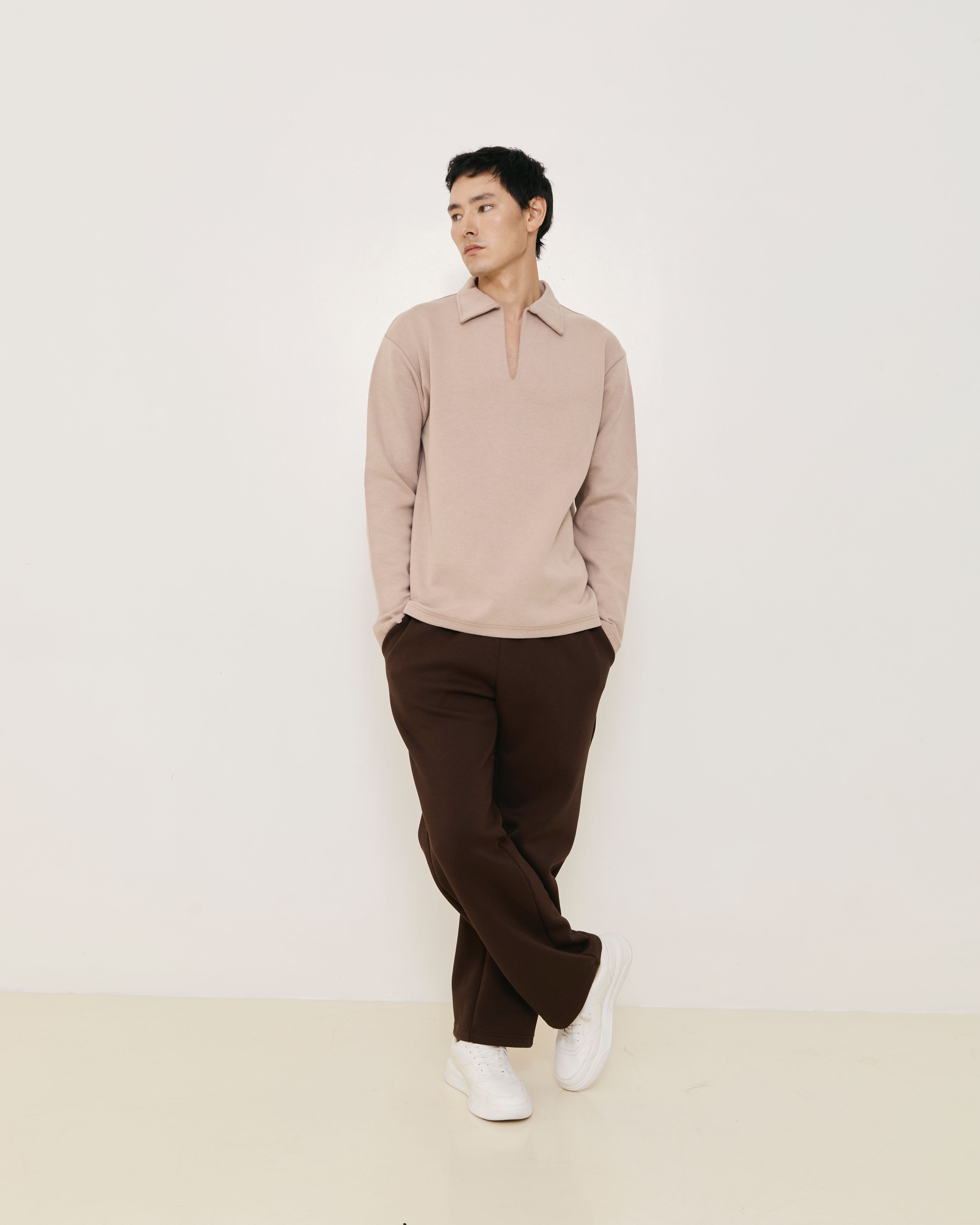 Beige V Neck Long Sleeve Shirt