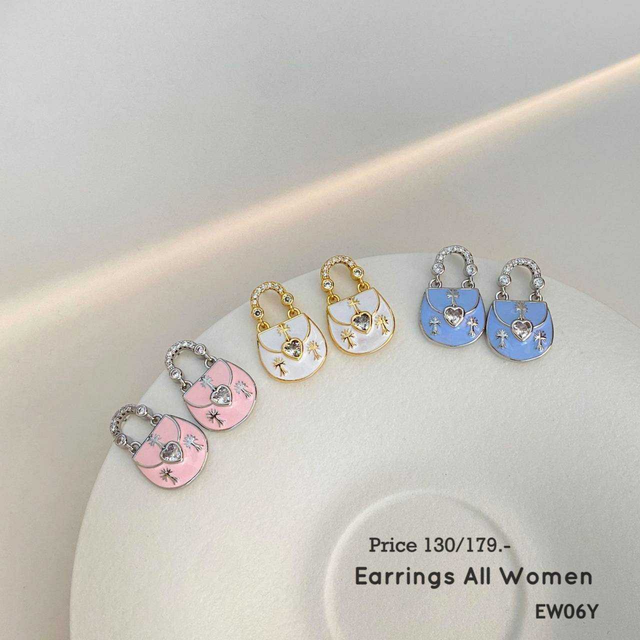 EW06Y ต่างหูกระเป๋า สีขาว สีชมพู สีฟ้า เครื่องประดับ เงิน 925