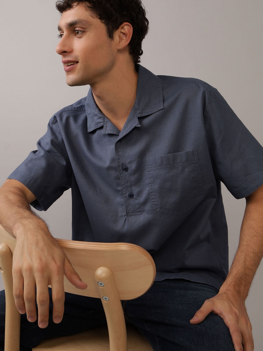 เสื้อเชิ้ต ผู้ชาย BLUE STEALTH SS OVERSIZED CAMP COLLAR POP OVER LINEN SHIRT ( 015-6284-406 )