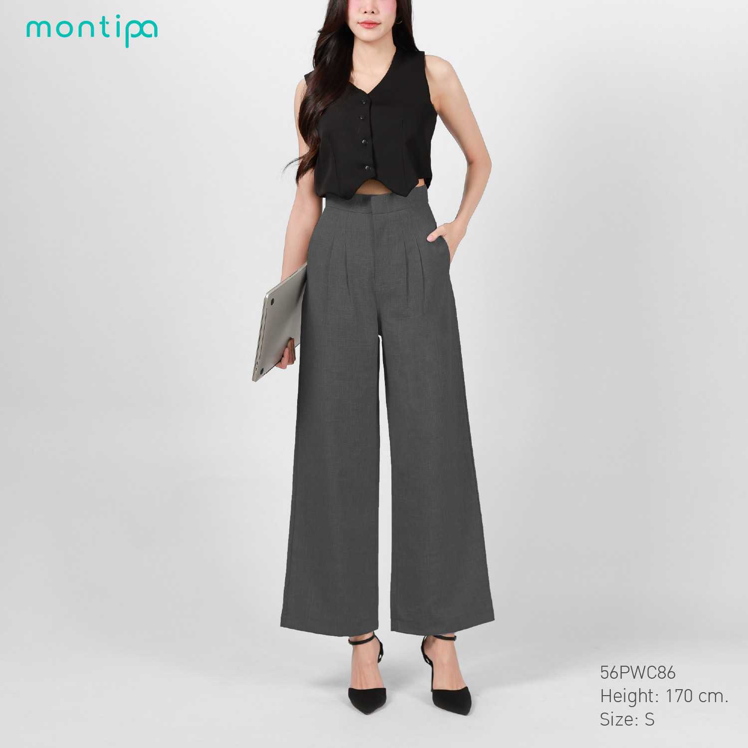 Montipa กางเกงทรงกระบอกใหญ่ ซิปตะขอหน้า แต่งจีบหน้า ผ้า Comfort 56PWC86