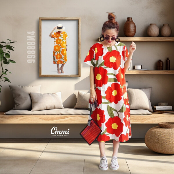Ommishop 99888M4 ชุดเดรสแฟชั่น คอกลม แต่งผ่าข้าง ลายดอก Mari มารีเมกโกะ Cotton Japan 100% (Bonus)...