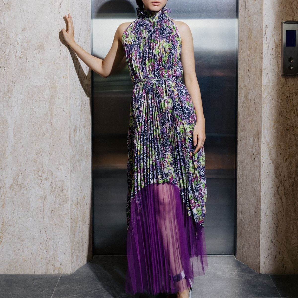 Feather Spinkle Purple floral tulle Dress
