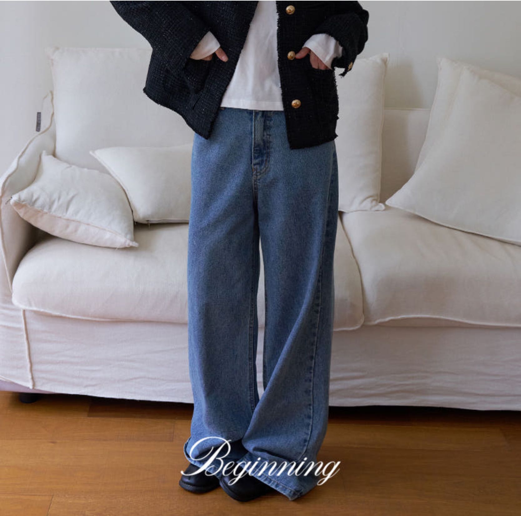 Semi-wide denim pants (6 colors)(korea Pre-order ประมาณ 15 วัน) กางเกงเดนิมทรง semi-wide เอวสวย