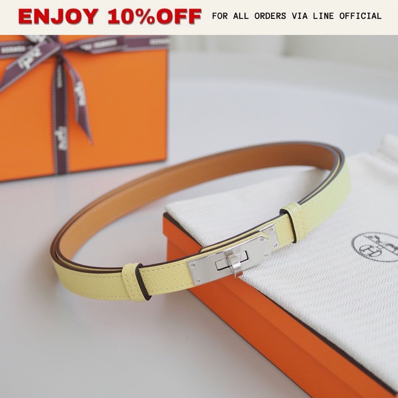 NEW! HERMES Kelly 18 Belt สี Jaune Poussin Epsom PHW | ACC