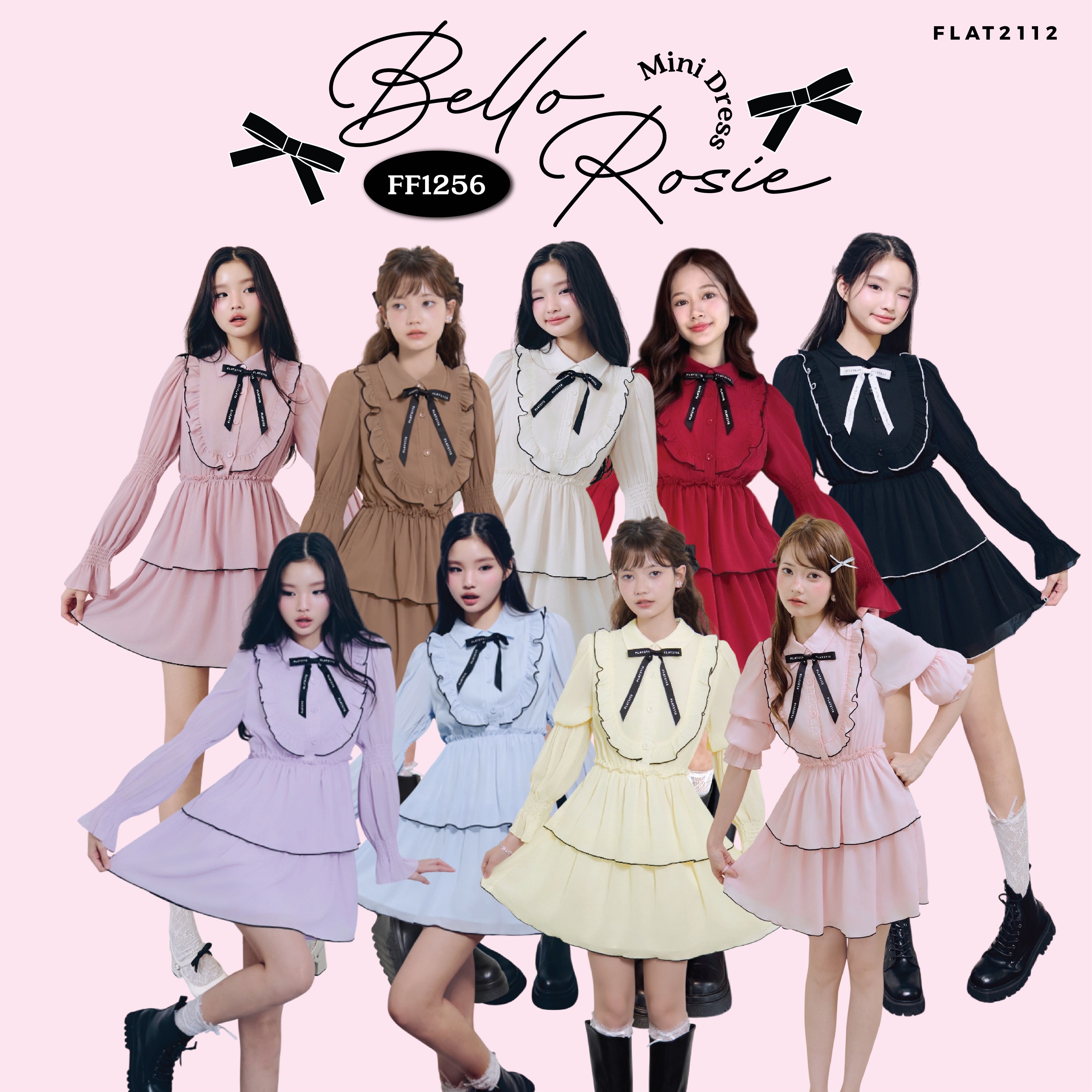 FLAT2112 : BELLO ROSIE MINI DRESS เดรสสั้นหวานโทนพาสเทลและสีดำ ระบายรอบอก แมตช์ง่าย(FF1256)