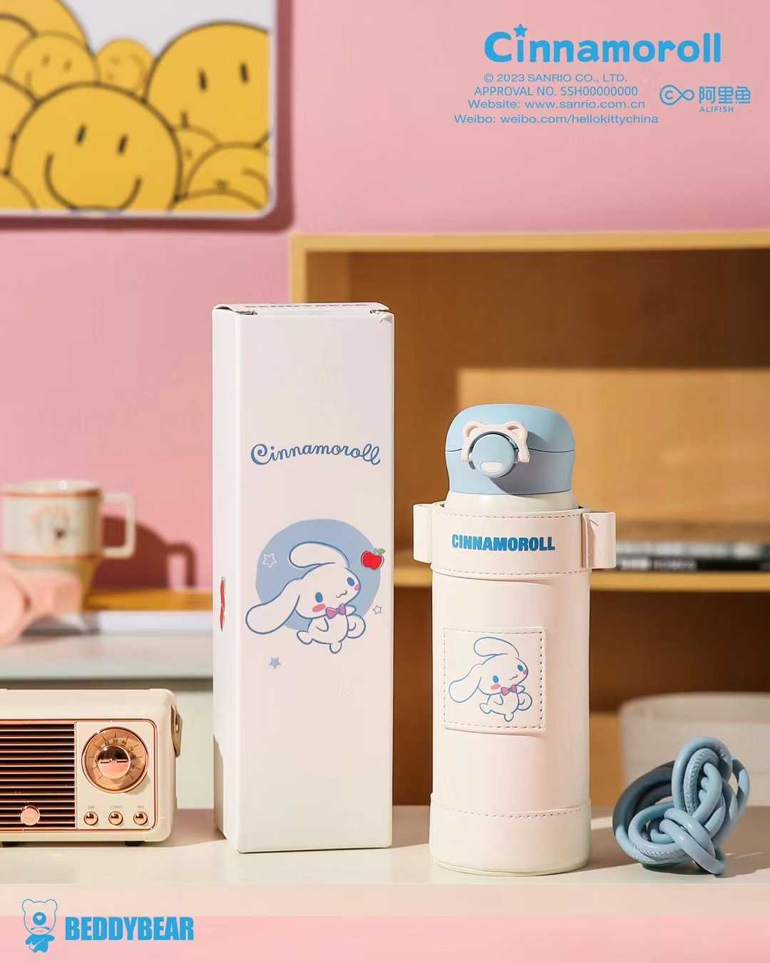 BeddyBearXCinnamoroll กระติกน้ำสูญญากาศสแตนเลส ฝายกดื่ม พร้อมกระเป๋าสะพาย BBA002B-008CR