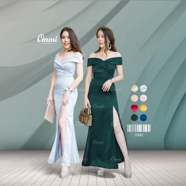 Ommishop ชุดราตรี 1134Z ปาดไหล่วีนก ผ้าซาร่าเงา เดรสออกงาน ชุดงานแต่ง เพื่อนเจ้าสาว