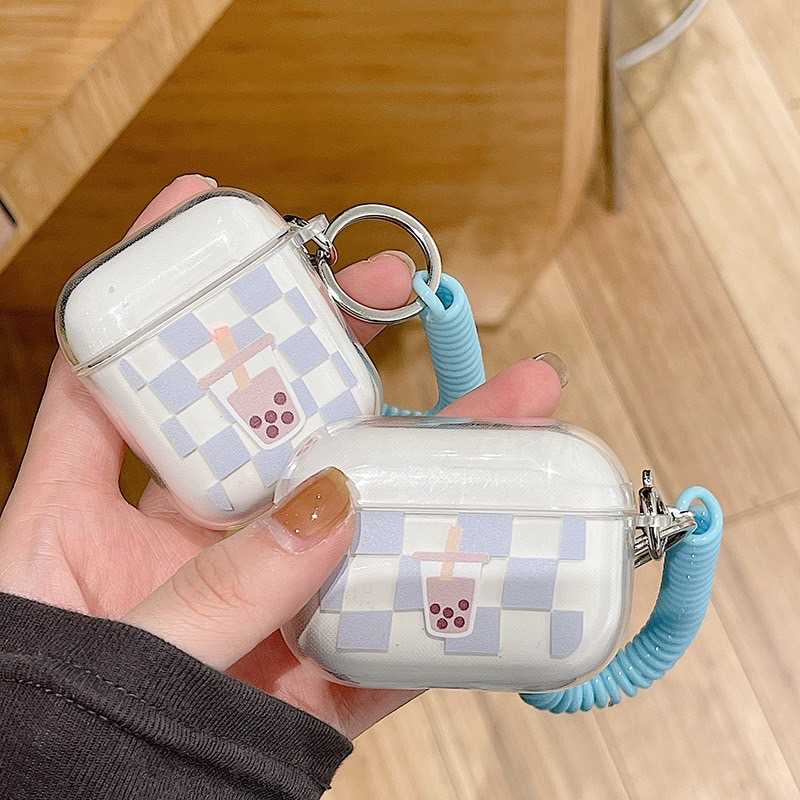 ♥ เคส Airpods : ตารางใสฟ้าลายชานมไข่มุก + สายคล้อง