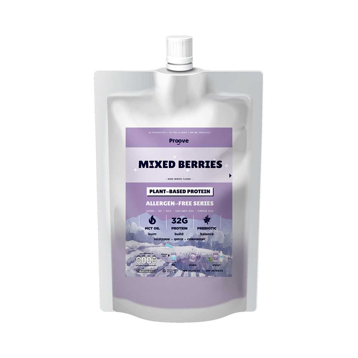 Proove โปรตีนพืช (สูตรไม่มีถั่ว) Mixed Berry ไม่มีน้ำตาล โซเดียมต่ำ ขนาดพกพา