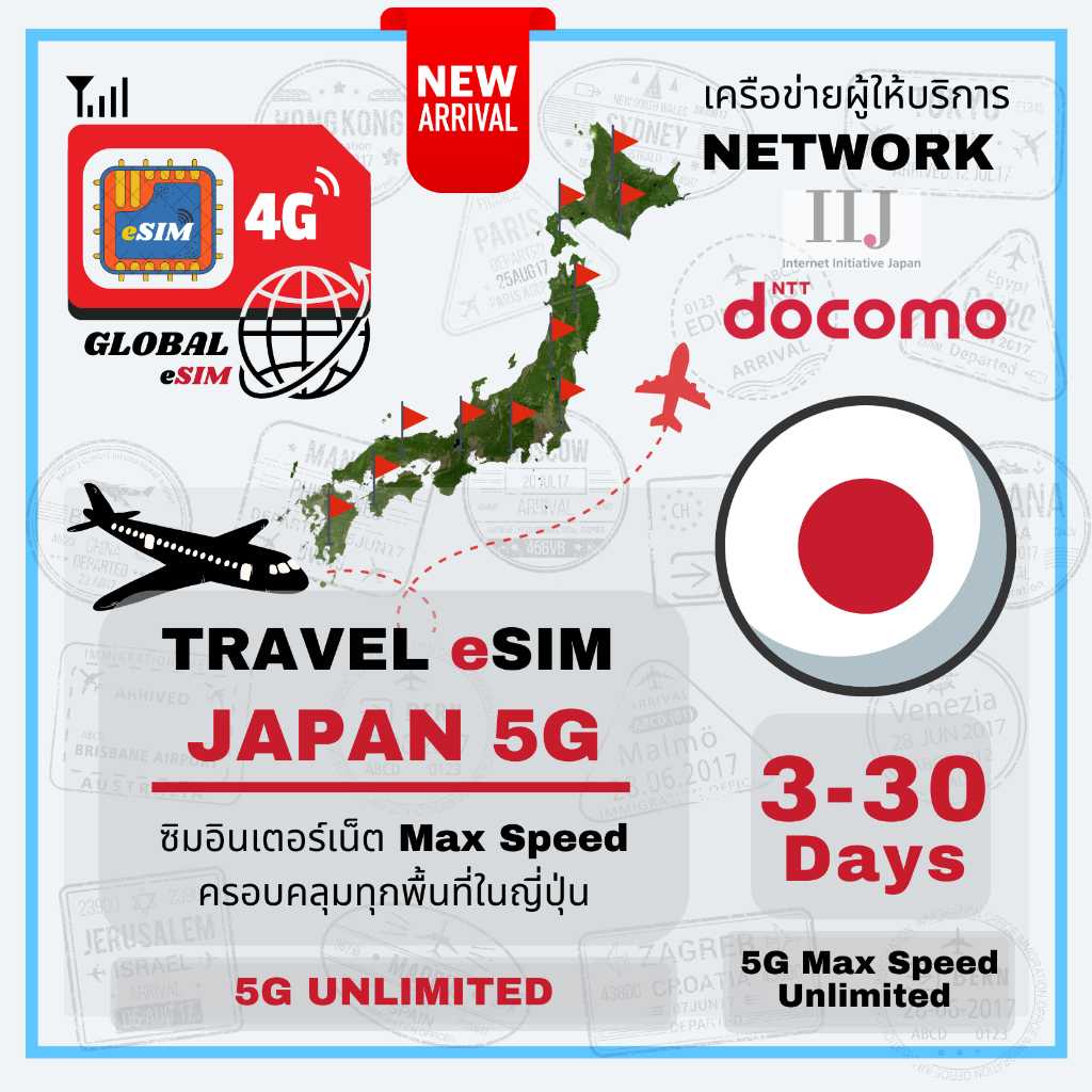 Japan eSIM ซิมญี่ปุ่น IIJ & Docomo 3-15Days 5G Max speed Unlimited