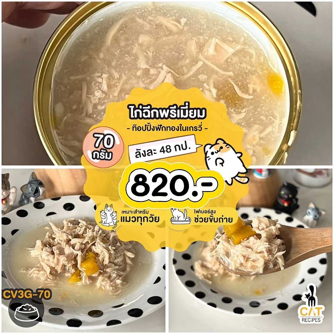 🌟 (CV3G-70) ไก่ฉีกพรีเมี่ยมท็อปปิ้งฟักทองในเกรวี่ ไซส์ 70 กรัม 48 กระป๋อง