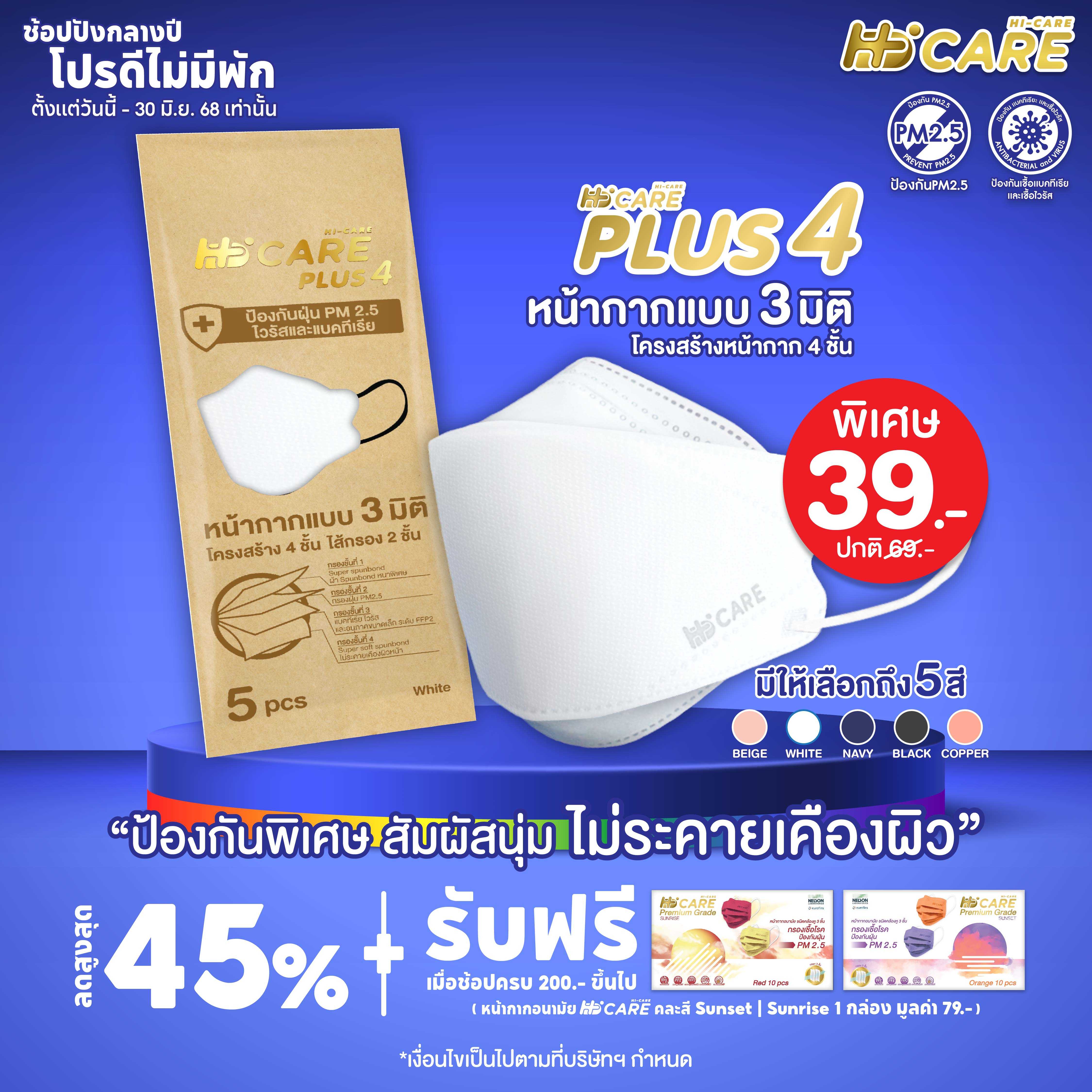 Hi-Care PLUS4(สีเบจ 5ชิ้น) หน้ากากแบบ 3 มิติ หน้ากากอนามัยหนาพิเศษ แผ่นกรอง 4 ชั้น ชนิดคล้องหู