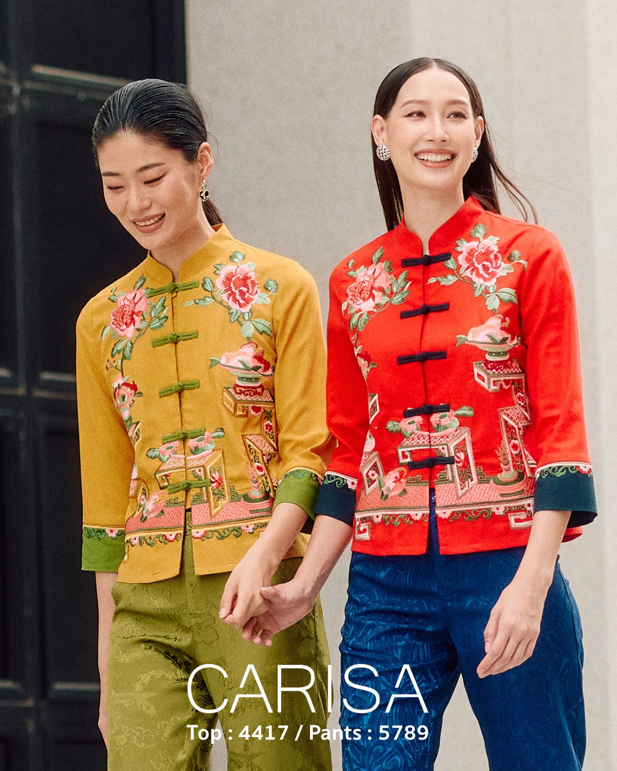 [4417] เสื้อตรุษจีนแขนยาว งานปักลายทั้งตัว ผ้าลินิผสมคอตตอล กระดุมจีนด้านหน้า