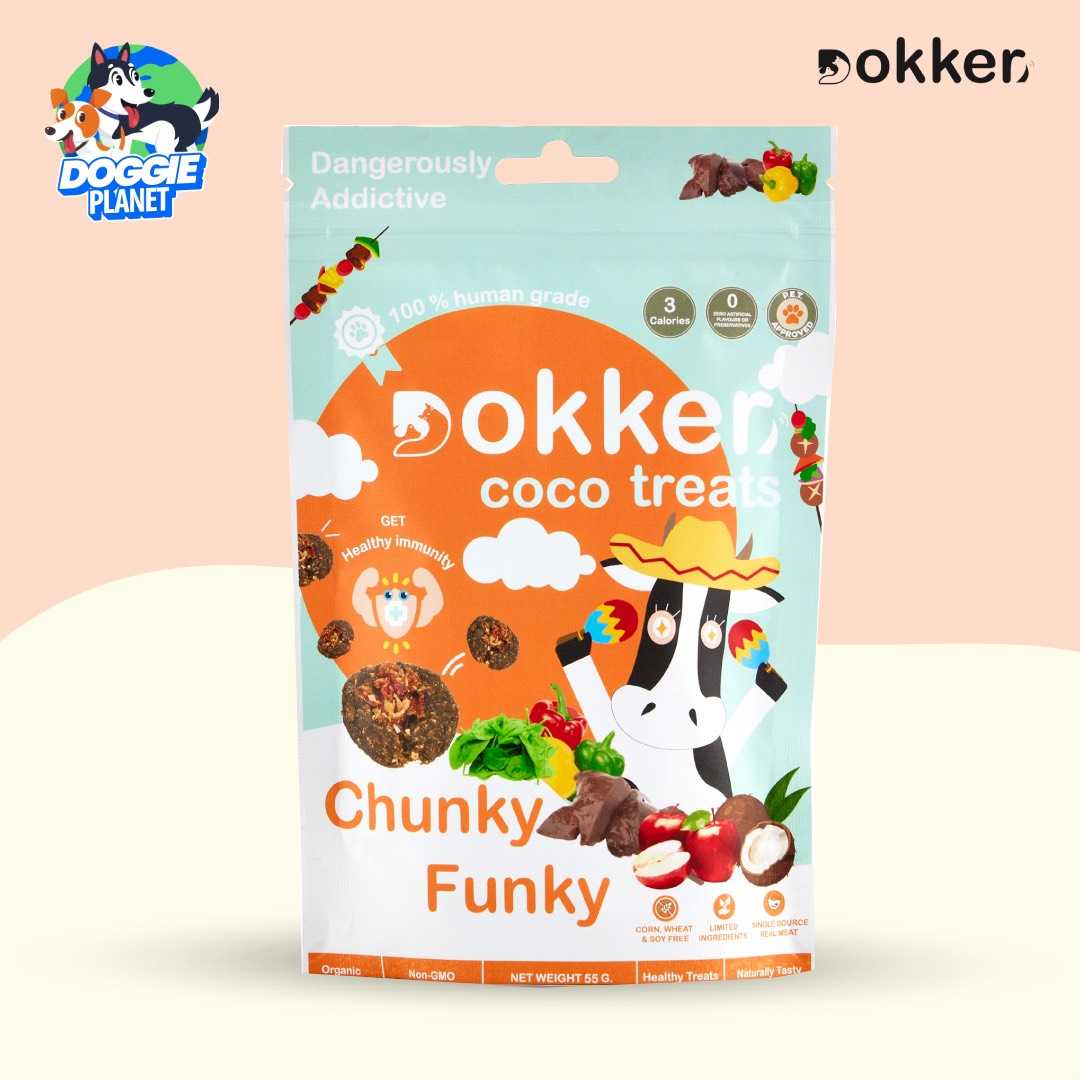 Dokker Coco Treats Chunky Funky คุ้กกี้บาร์บีคิว ตับวัวและผักผลไม้ (เกรดคนทาน ปราศจากกลูเตน) 55 ก.