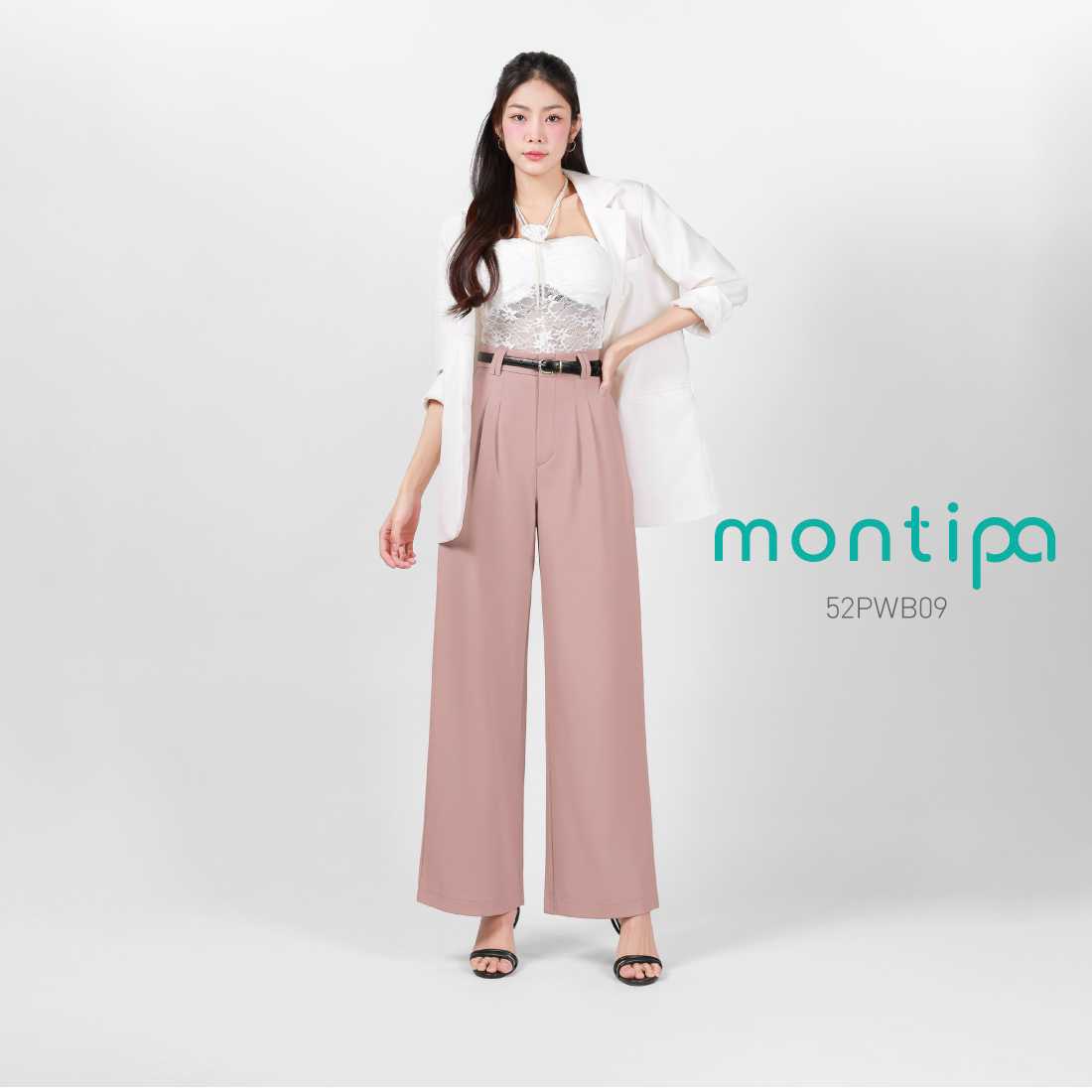Montipa กางเกงทรงกระบอก ซิปหน้า แต่งหูเข็มขัดคู่ ผ้า Comfort 52PWB09