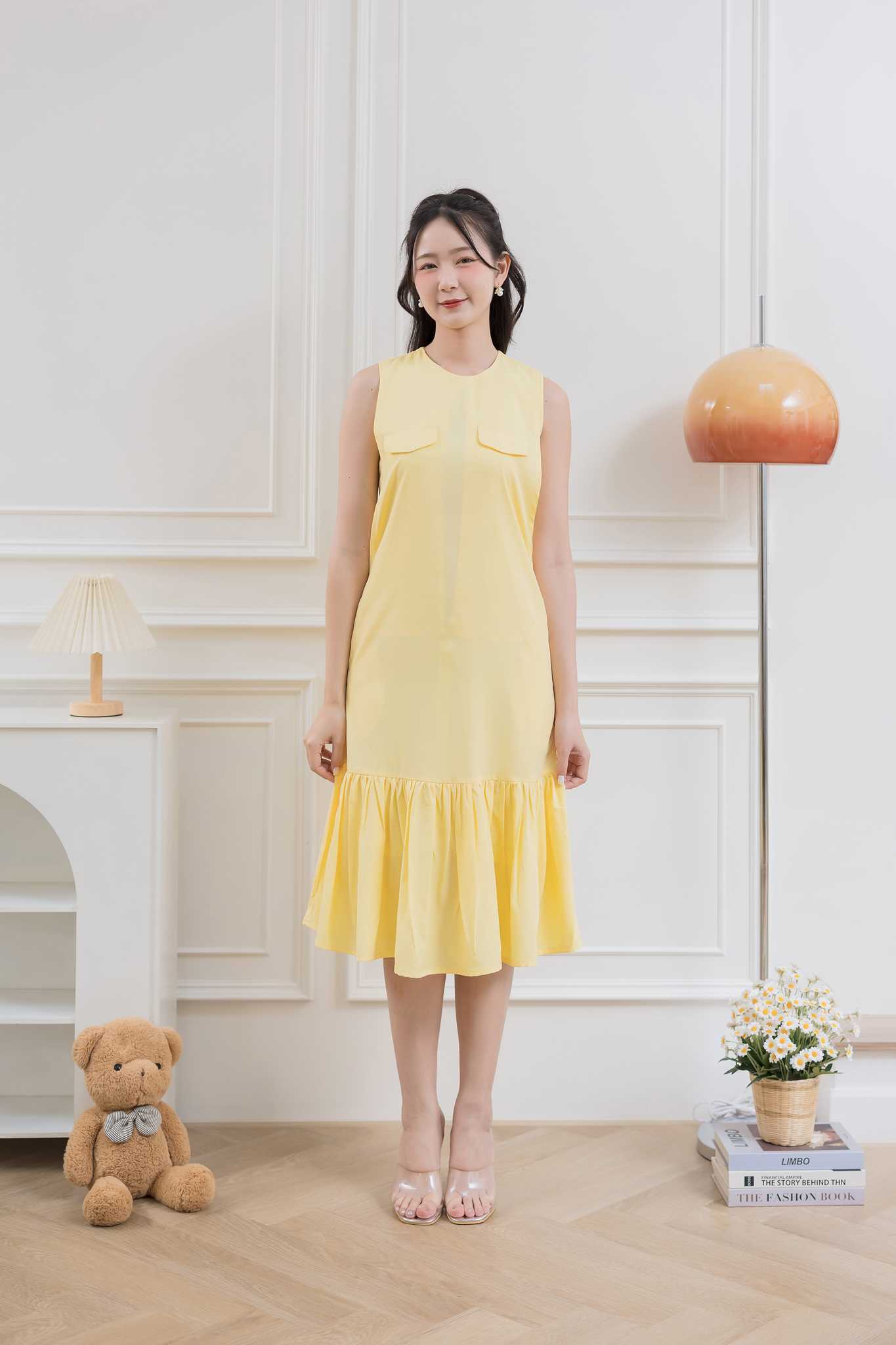 ชุดให้นม Yellow pocket ruffle long dress