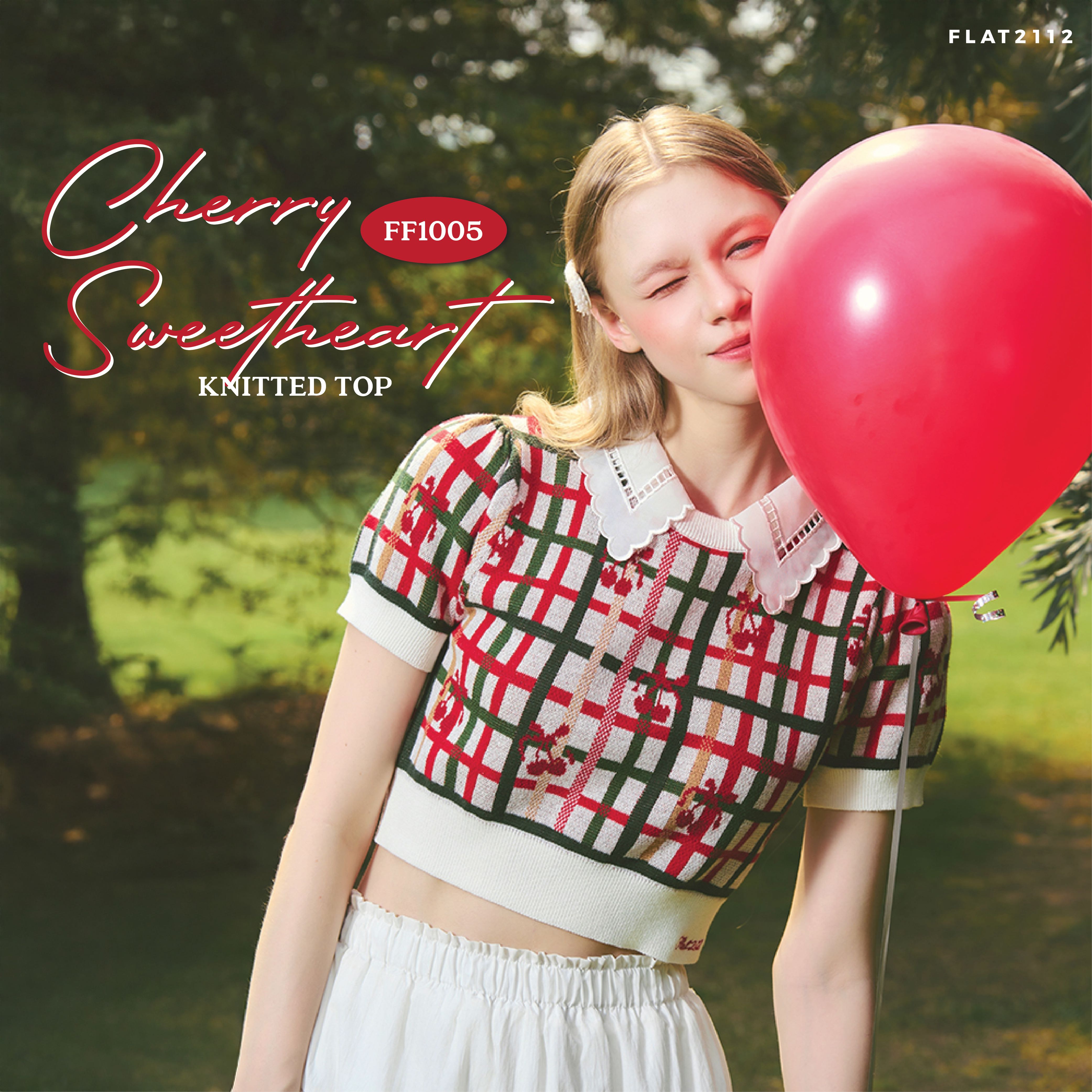 FLAT2112 FF1005 : CHERRY SWEETHEART KNITTED TOP เสื้อครอปคอปก เสื้อครอป เสื้อครอปลาบตาราง