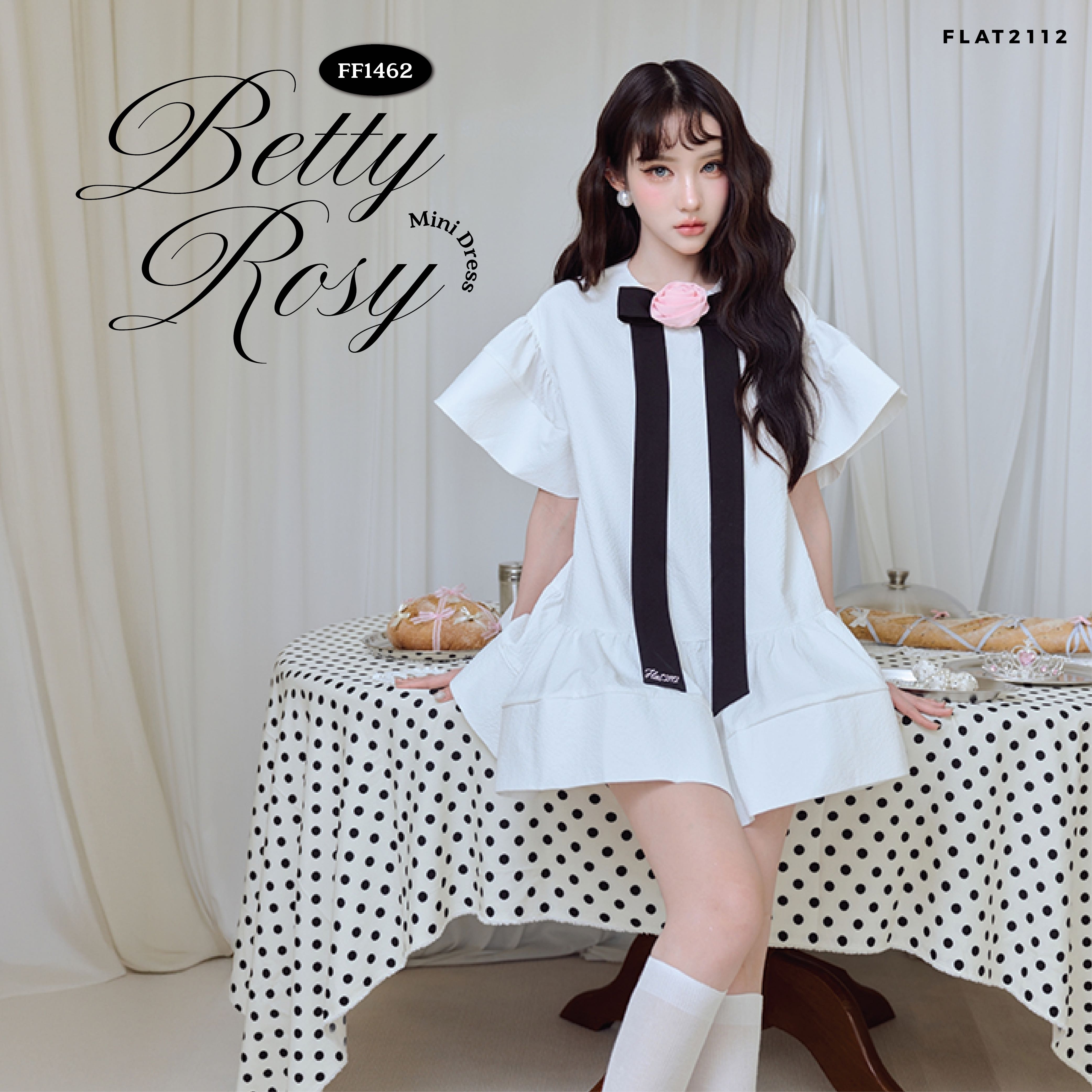 FLAT2112 : BETTY ROSY MINI DRESS  เดรสสั้นสีขาว เดรสโบว์ดำยาว เดรสขาวสไตล์ลูกคุณหนู(FF1462)