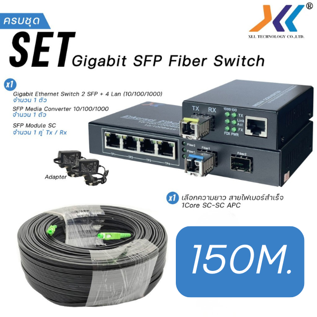 SET Gigabit SFP Fiber Switch พร้อมสายไฟเบอร์ SC-SC APC ยาว 150 เมตร