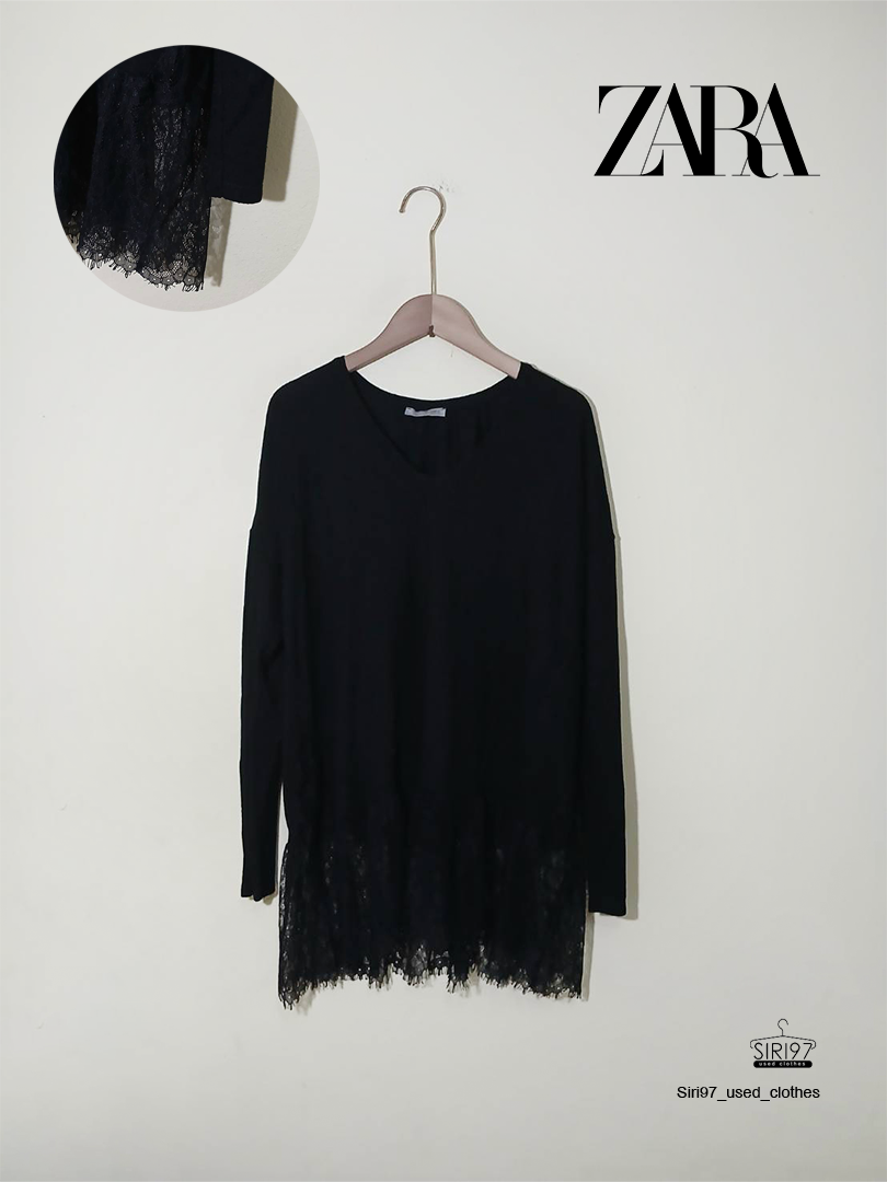 เดรสกระโปรงคอกลมแขนยาว ZARA ผ้าไหมพรมยืดบาง ชายกระโปรง ผ้าลูกไม้ สีดำ ทั้งตัวสภาพ85%