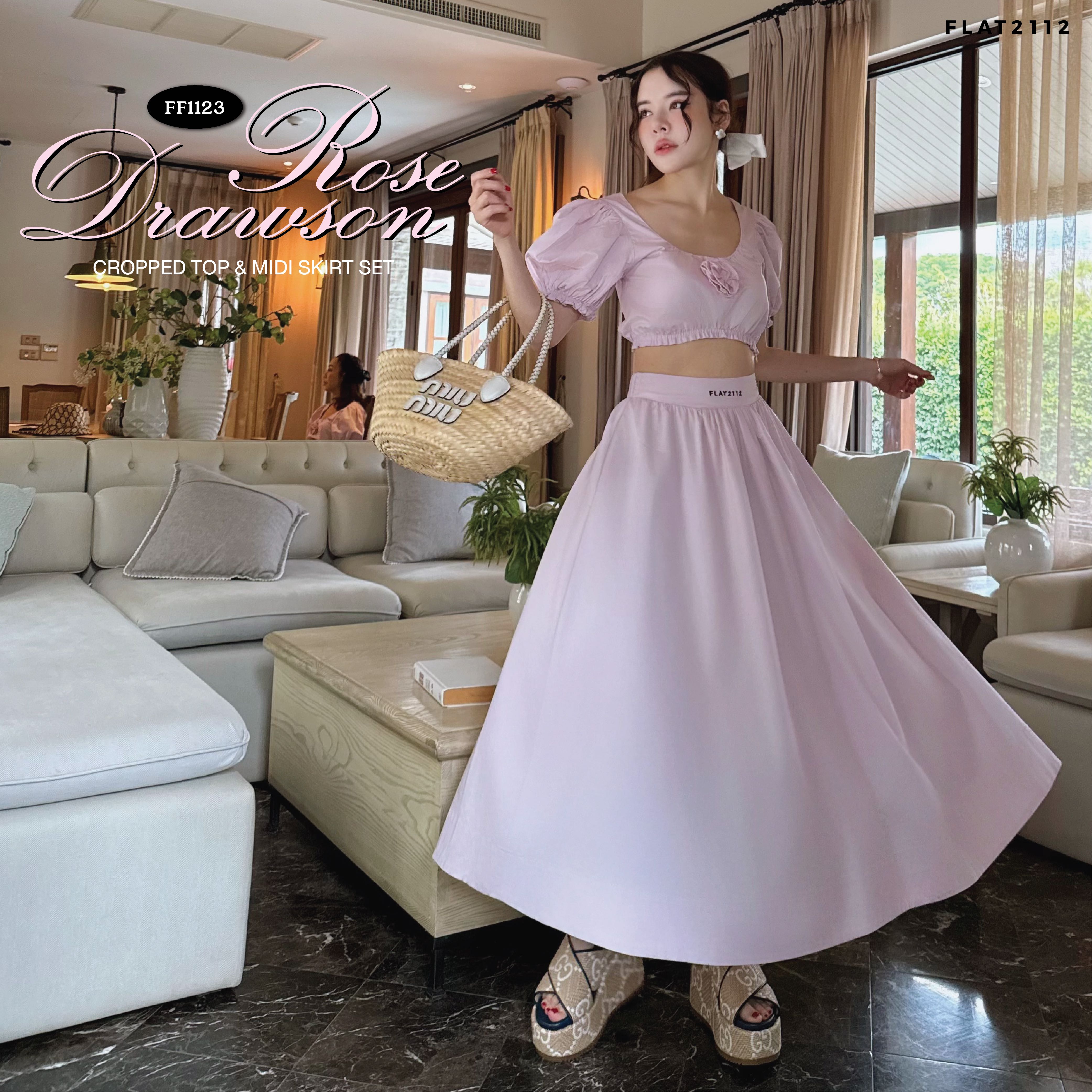 FLAT2112 FF1123 : ROSE DRAWSON CROPPED TOP & MIDI SKIRT ชุดเซต เสื้อครอปกระโปรง