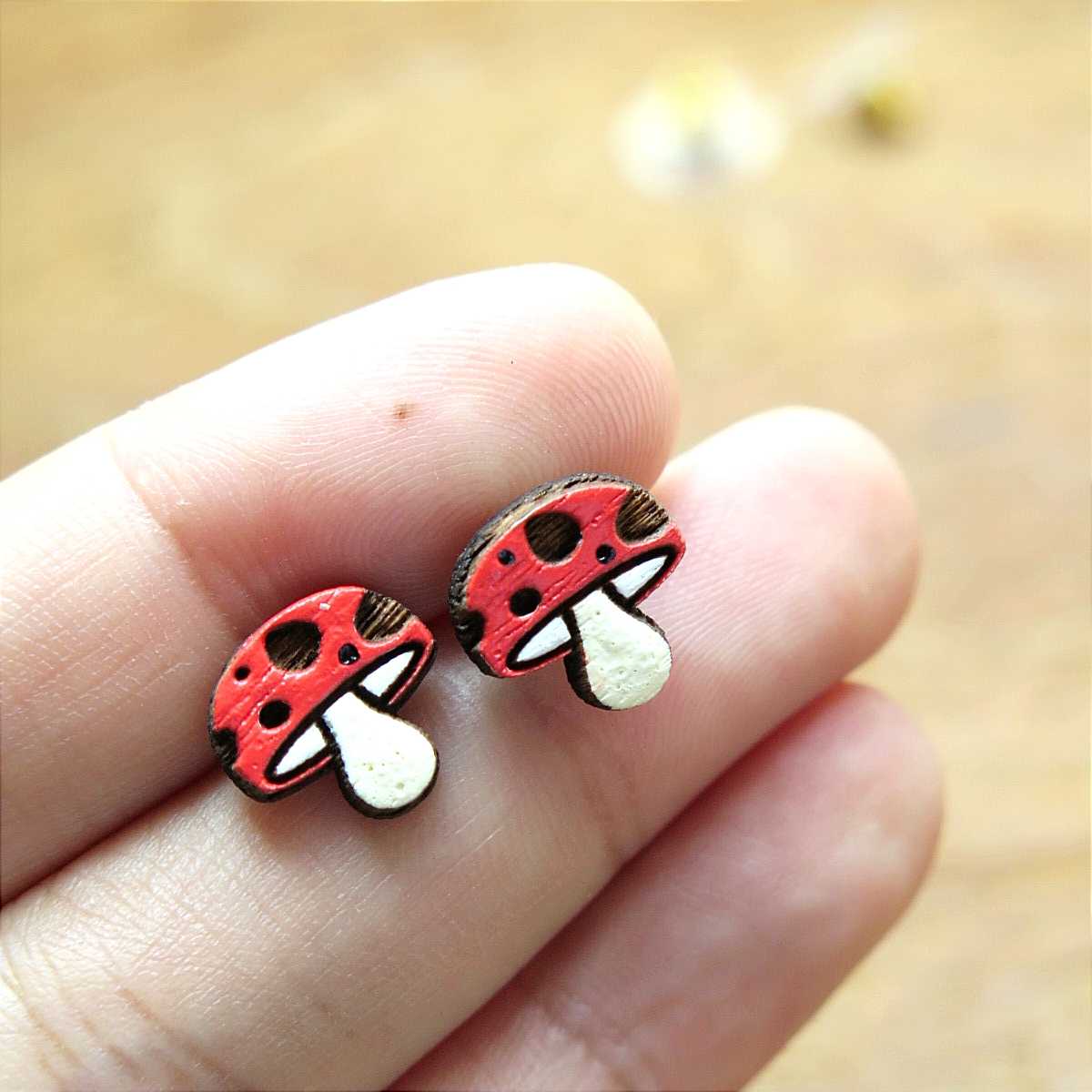 Wooden earring red mushroom