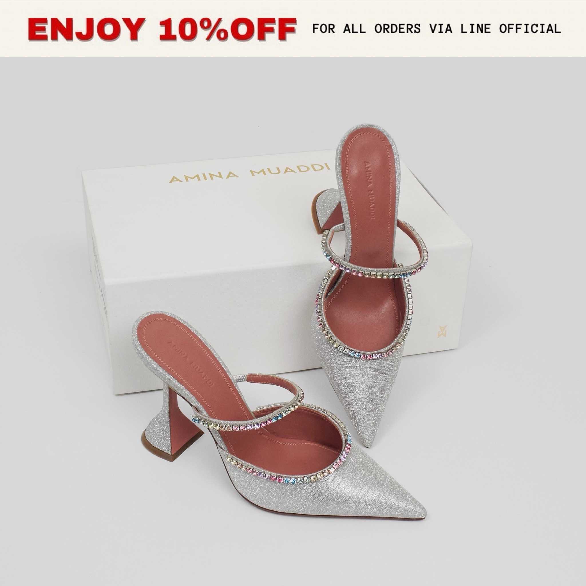 📍LIKE NEW📍AMINA MUADDI Gilda Glitter Mules Rainbow Crystals 95MM สี Silver | Shoes