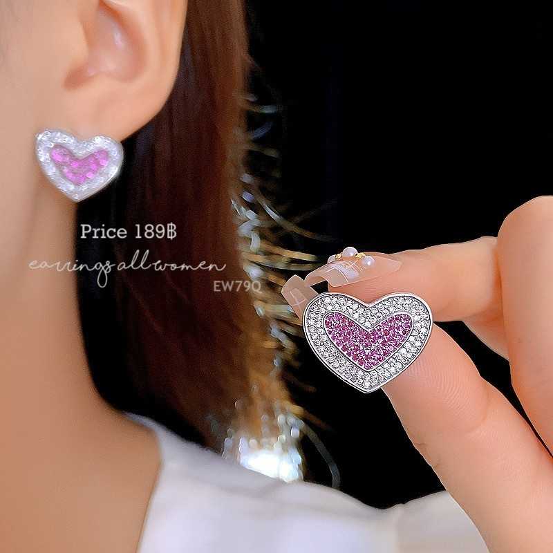 EW79Q  ต่างหูหัวใจสีชมพูเงิน เงิน925 แฟชั่นสำหรับผู้หญิง