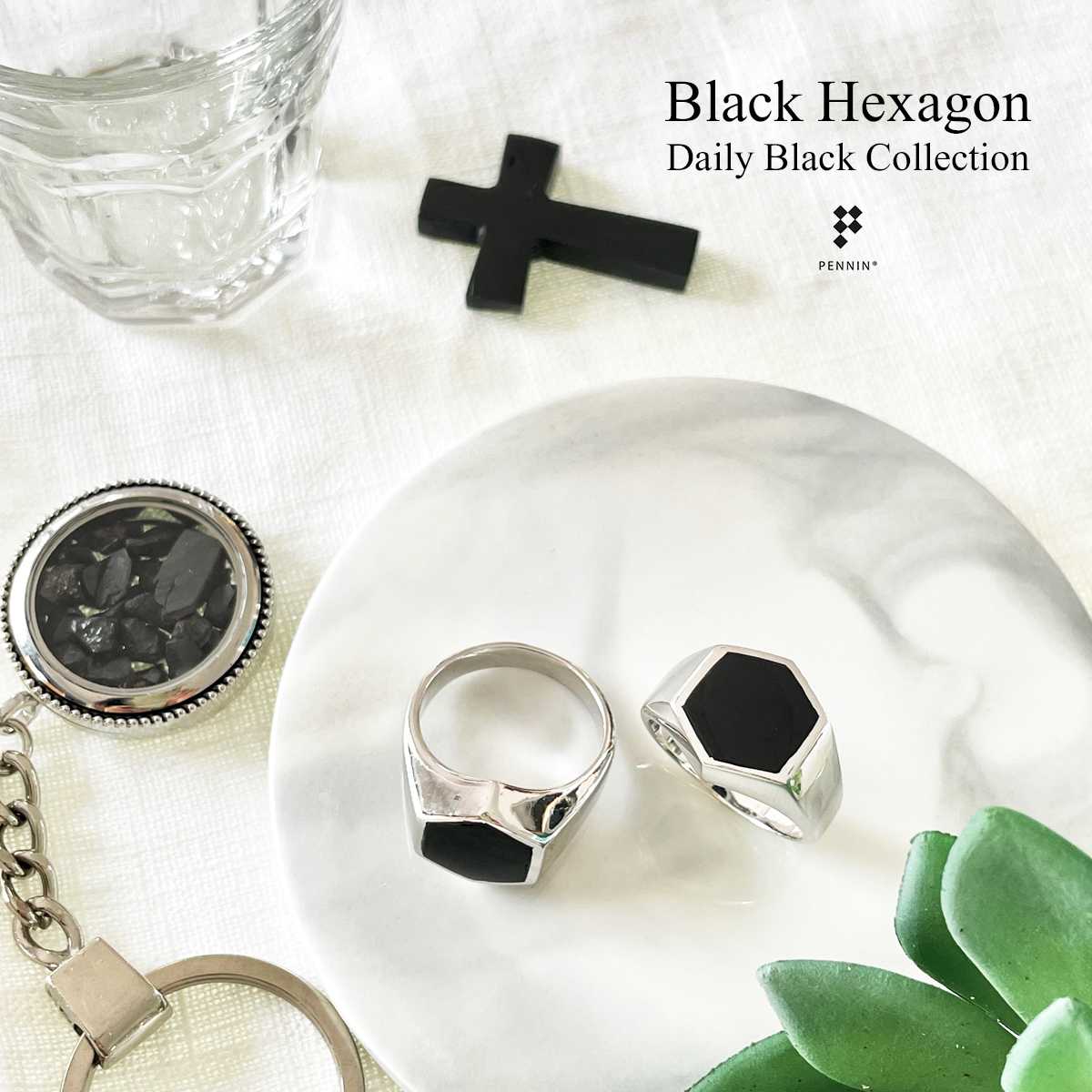 RM83113 Black Hexagon แหวนนิลหกเหลี่ยม เงินแท้ 925 ชุบทองคำขาว เรียบเท่มีสไตล์ ใส่ได้ทุกคนทุกโอกาส