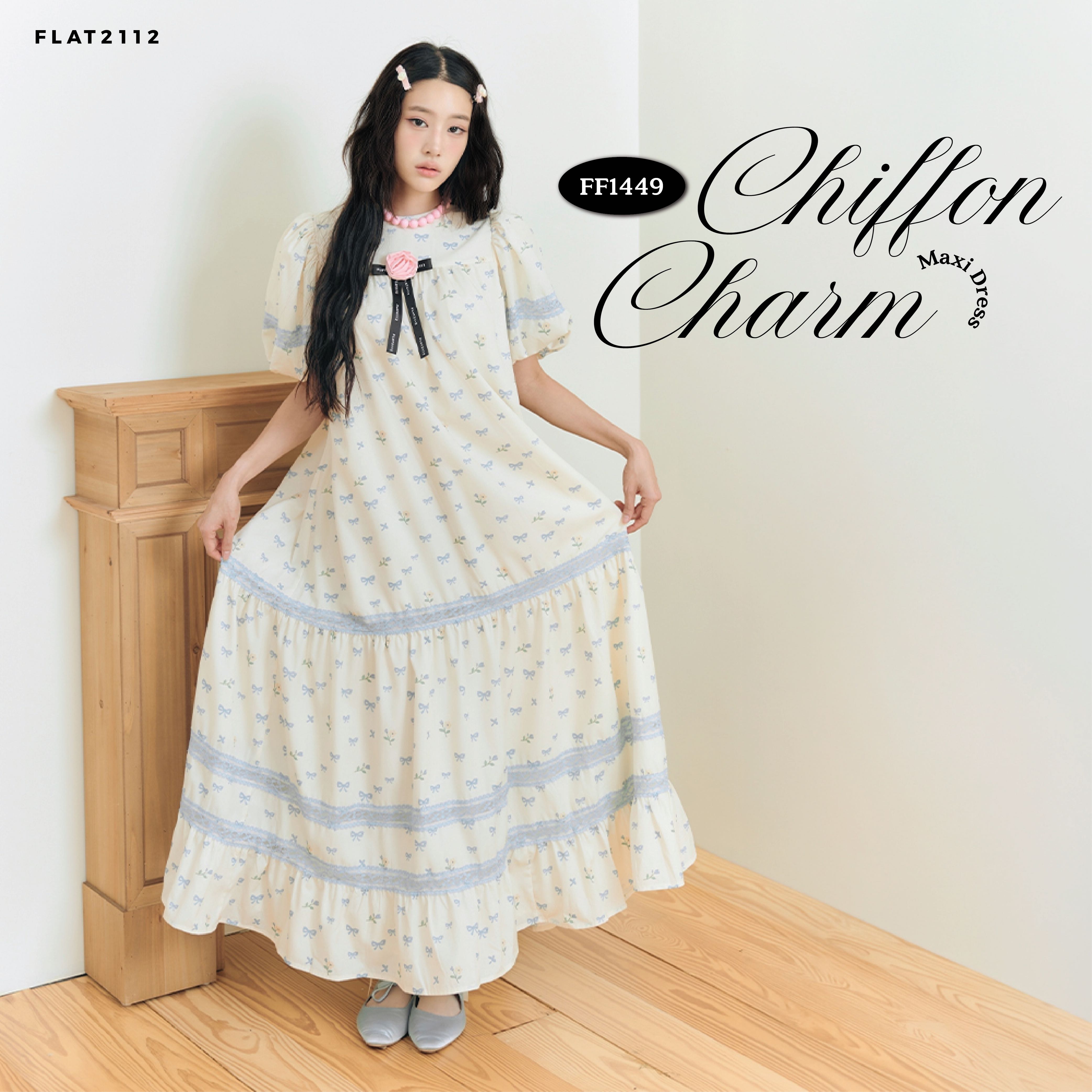 FLAT2112 : CHIFFON CHARM MAXI DRESS เดรสยาวลายดอกไม้ ลุคคุณหนูเกาหลีหวานละมุน (FF1449)