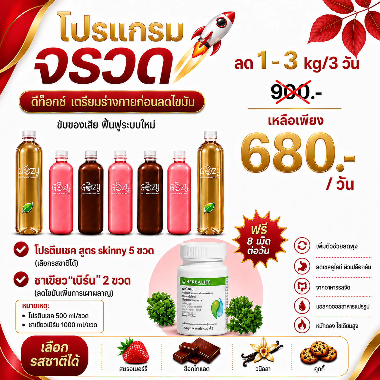 โปรแกรมจรวด 1 วัน โปรตีน 5 ขวด แถมฟรีพาร์สเลม 8 เม็ด