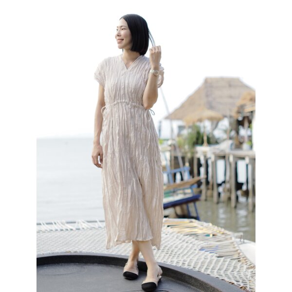 2MUAY รุ่น GJO3558 เดรสพลีทคุณภาพ V NECK WAIST TIE PLEATED DRESS 7 สี FREE SIZE