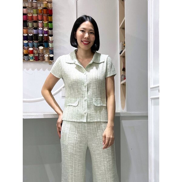 2MUAY รุ่น GJO10144 เสื้ออัดพลีทผ้า KNIT COLLAR BUTTON FRONT METALLIC KNIT PLEATED TOP 9 สี FREE ...