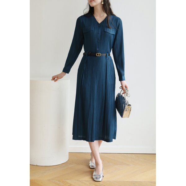 2MUAY รุ่น GJO1135 เดรสพลีทคุณภาพ V NECK LONG SLEEVE PLEATED DRESS 8 สี FREE SIZE