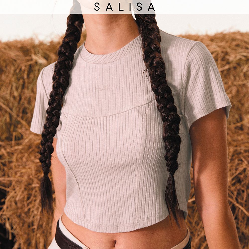 T-SHIRT Corset Rib Cropped Mushroom Grey เสื้อยืด