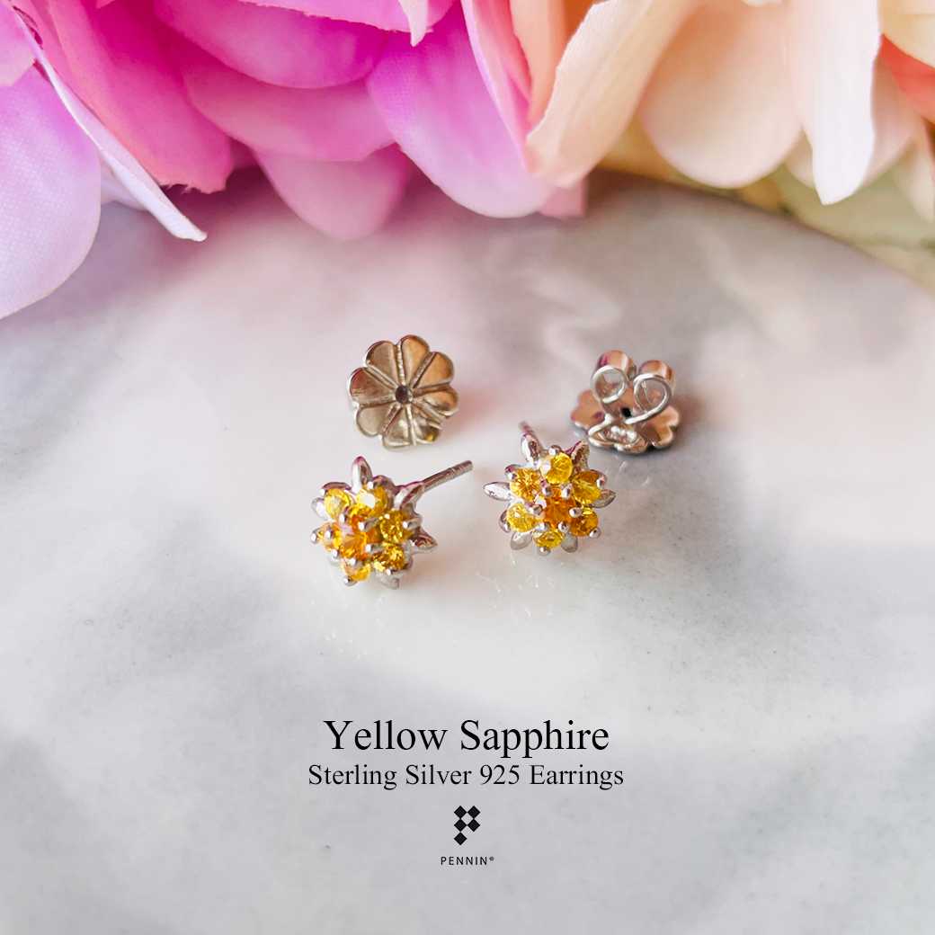 ต่างหูดอกพิกุลบุษราคัมแซมใบเงิน Flower Yellow Sapphire Earrings เงินแท้ 925 ชุบทองคำขาว