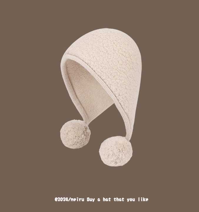 POM POM KNITTED HOODIE HAT / สีเบจ