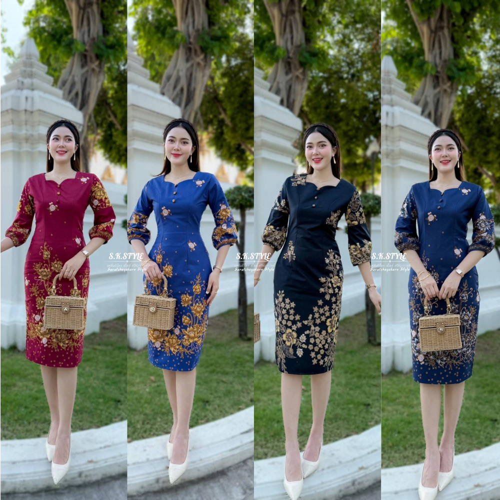 ชุดเดรสผ้าปาเต๊ะ สีสด ลายคมชัด เนื้อผ้าดี มี 6 สี งานกระโปรงทรงสอบ ผ่าหลัง ยาว 40 นิ้ว อัดกาวทั้งชุด
