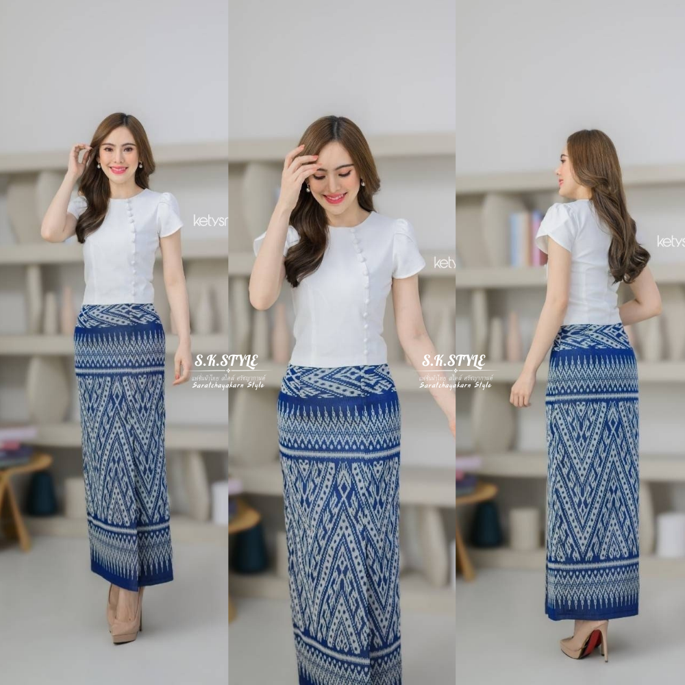 ผ้าถุงสำเร็จ ผ้าถุงป้ายสำเร็จ ซิปหลัง เนื้อผ้าฝ้าย สีกรม งานทอลาย ลายลิซ่า อัดกาว