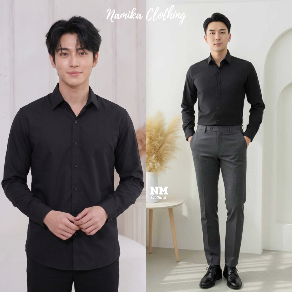 เสื้อเชิ้ตแขนยาวผู้ชาย สีดำ ผ้าใส่สบายไม่ร้อน ทรงหล่อเนี้ยบ สไตล์เกาหลี แมตช์ง่ายได้ทุกลุค