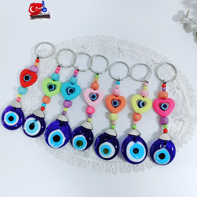 พวงกุญแจ Evil Eye จากตุรกี แก้ว3cm หัวใจน่ารัก สไตล์เกาหลี สีสดใส พวงกุญแจแฟชั่น ปัองกันสิ่งชั่วร้าย
