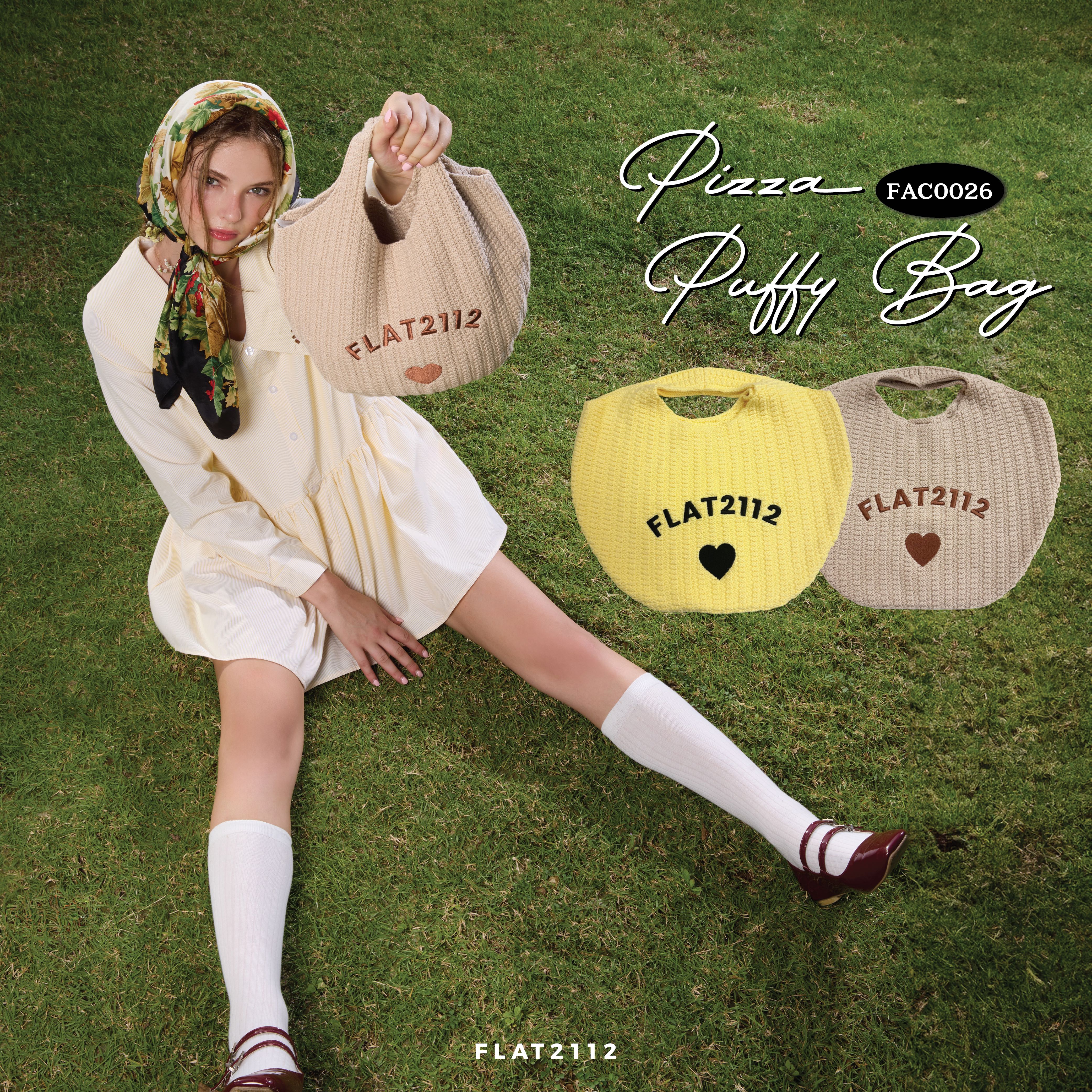 FLAT2112 FAC0026 : PIZZA PUFFY BAG กระเป๋าทอวงกลม ปักโลโก้ กระเป๋าถือ กระเป๋าชอปปิง