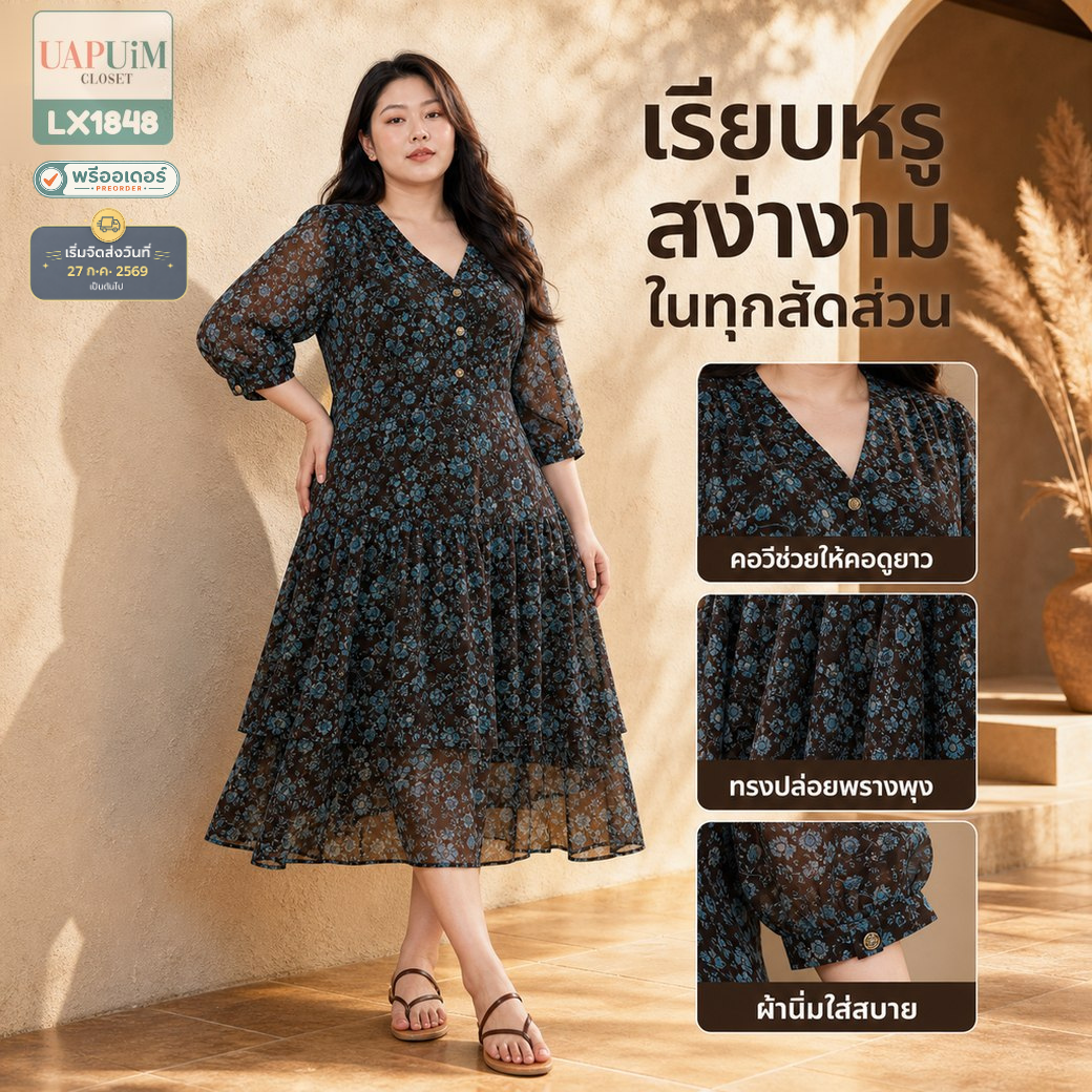พรีออเดอร์ : LX1848 เดรสยาวพิมพ์ลายดอกไม้สีฟ้าบนพื้นน้ำตาล ทรงสวยดูดีมีสไตล์
