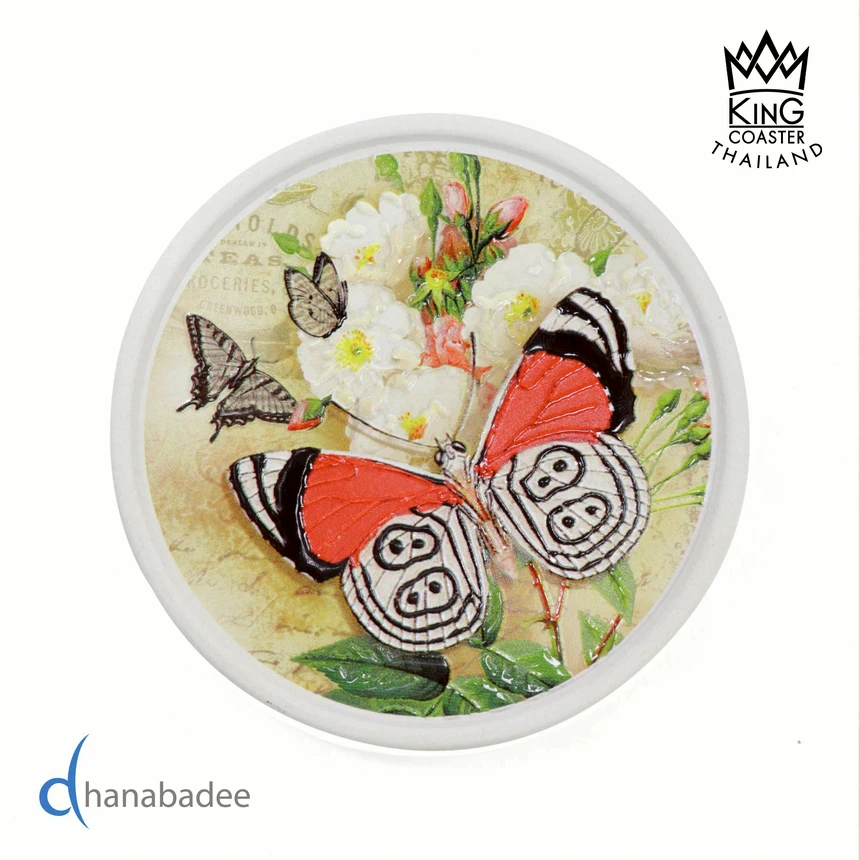 จานรองแก้วดูดน้ำ ทรงกลม มีขอบ ลายผีเสื้อ Butterfly