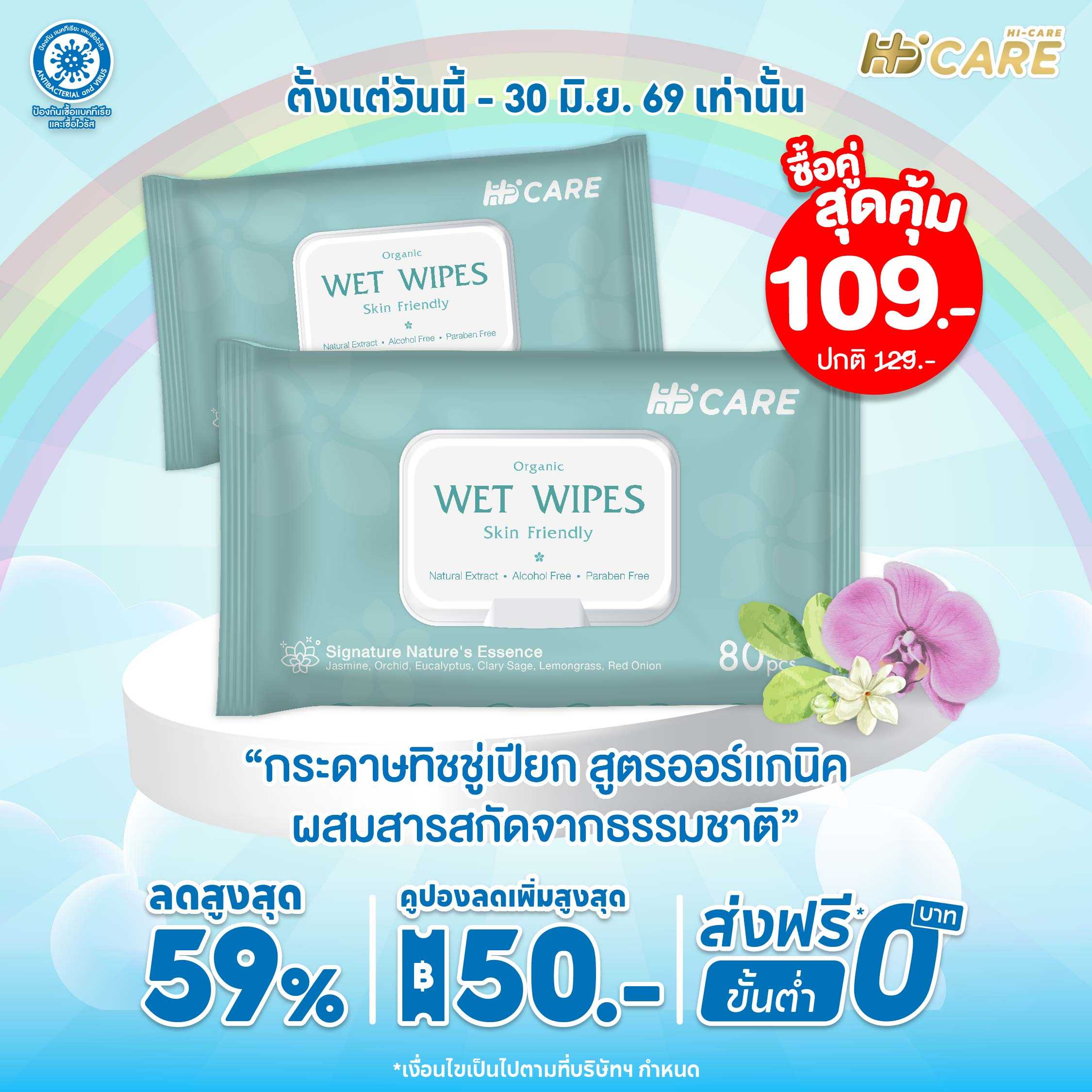 เซ็ทคู่สุดคุ้ม Hi-Care ทิชชู่เปียก แผ่นเช็ดทำความสะอาด Clean&Care ( 1 ห่อ/ 80 แผ่น)
