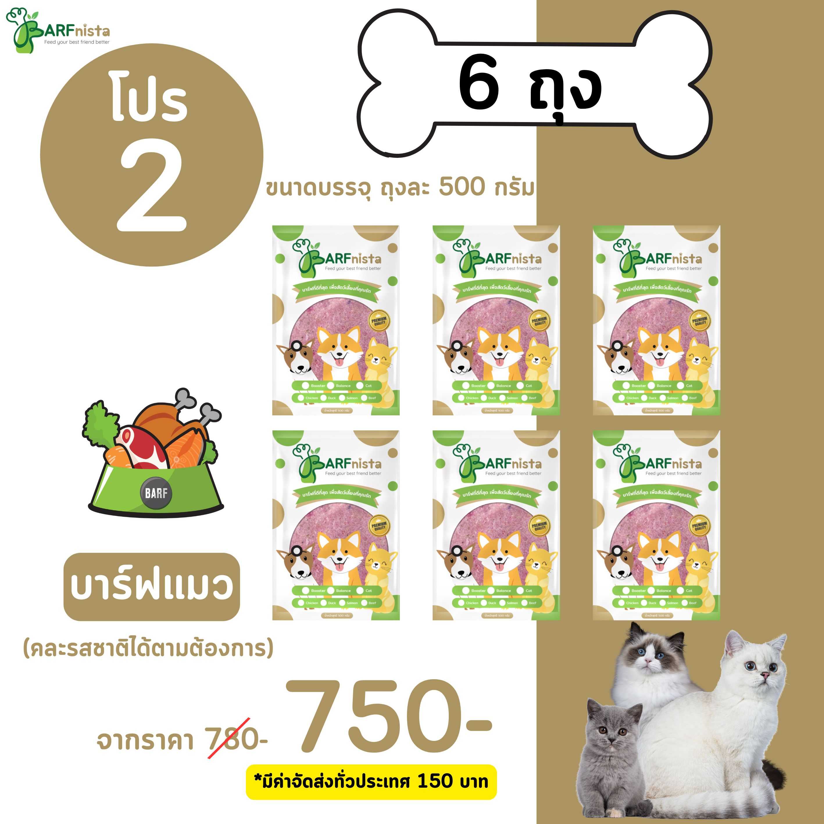 บาร์ฟแมว สูตร BARFnista คละรส สำหรับแมวทุกช่วงวัย :  โปรที่ 2 จำนวน 6 ถุง