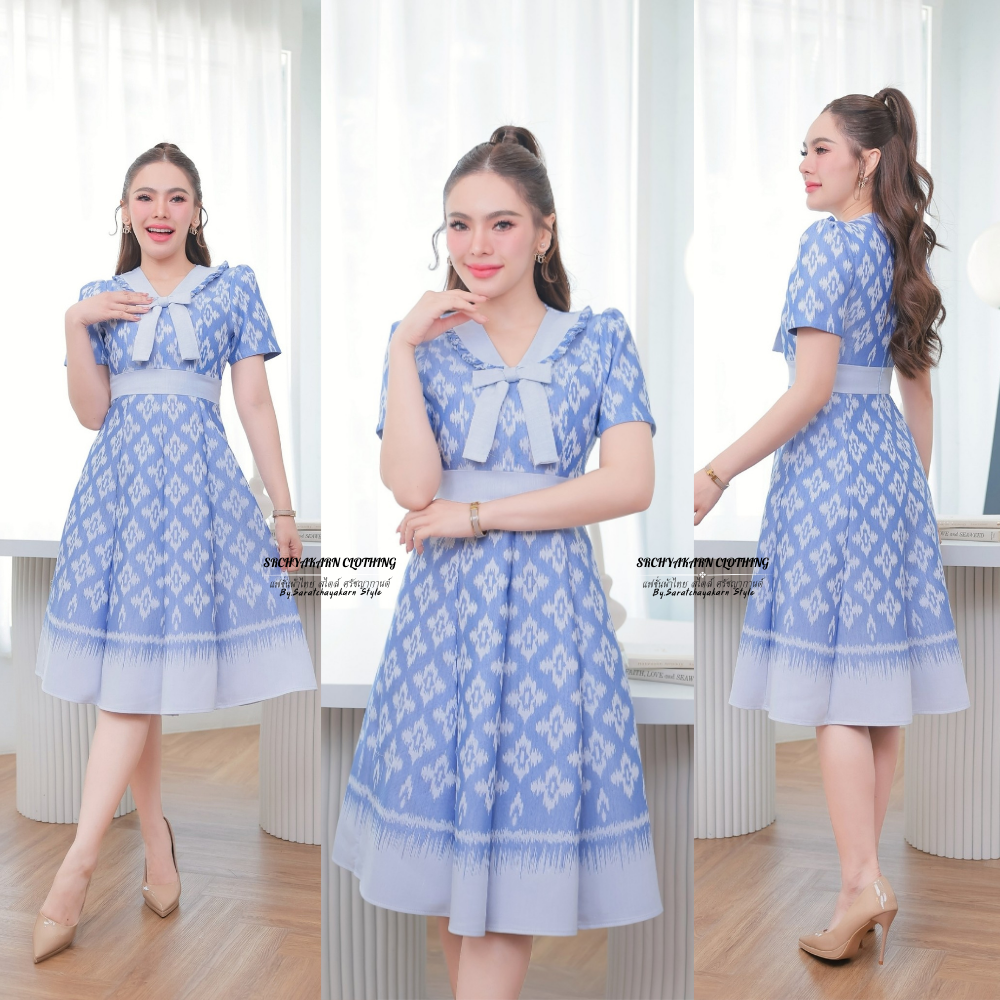 ชุดเดรสผ้าทอลายดอกพิกุล แต่งโบว์อก คอบัว กระโปรงทรงบาน 8 ชิ้น ยาว 40 นิ้ว น่ารักแบบลูกคุณหนูสุดๆ