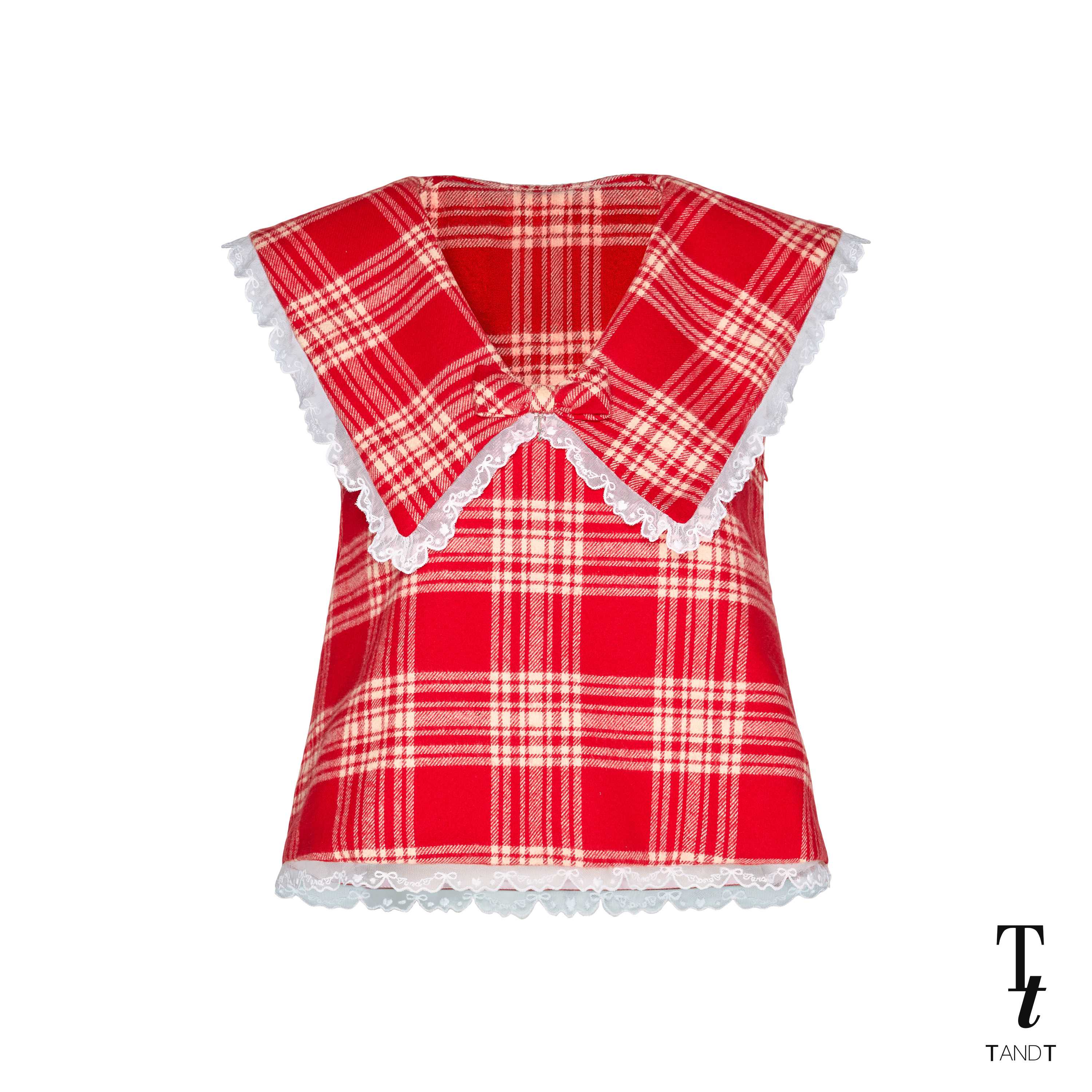 TandT - MILDA TOP - SAILOR COLLAR LACE TRIMMED CHECKED SLEEVELESS TOP