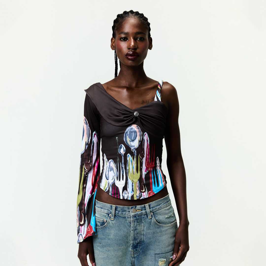 BLACKDOG BKK - SS2517 - Tableware one shoulder  - เสื้อผ้ายืดพิมพ์ลายไหล่เดี่ยว