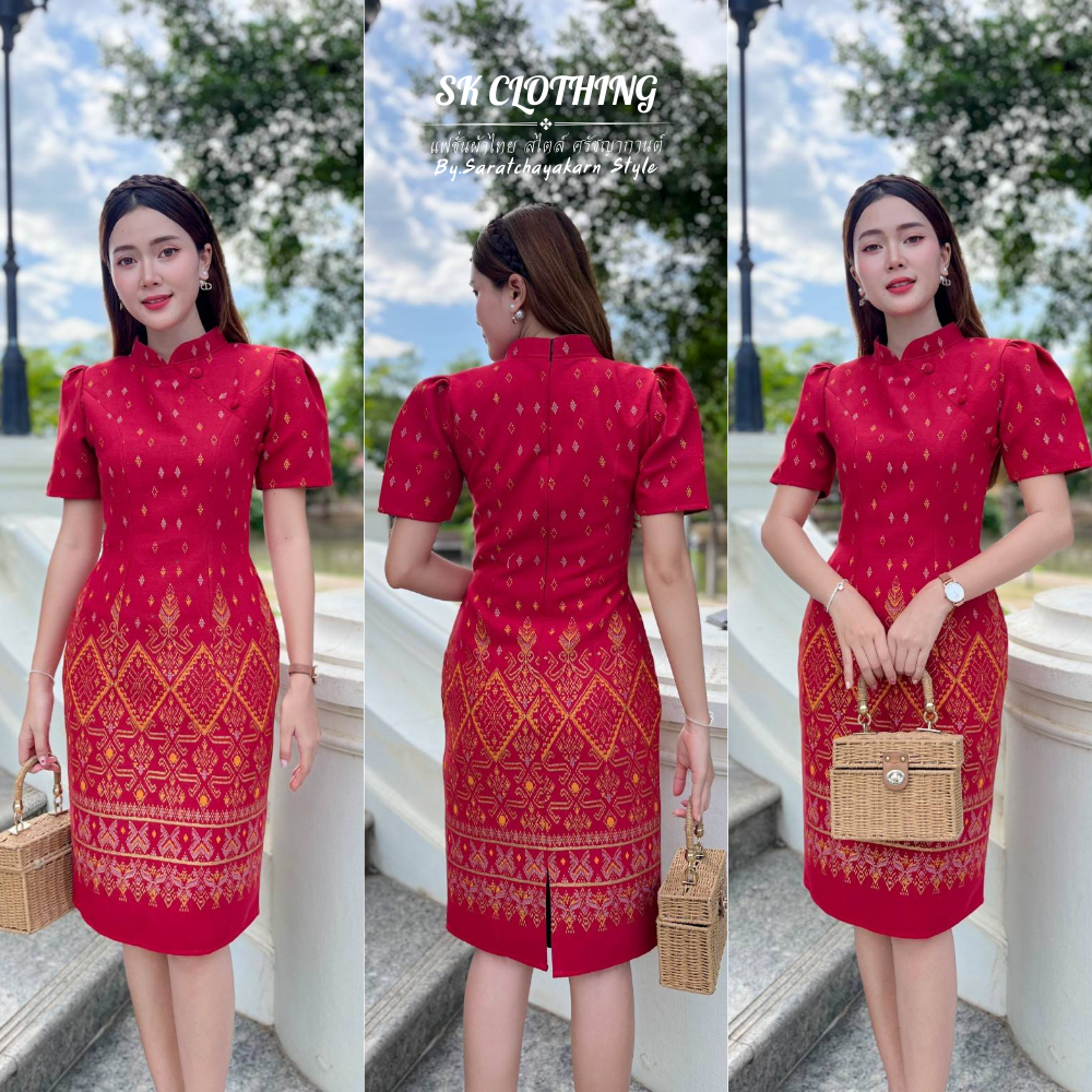 ชุดเดรสผ้าฝ้าย ชุดผ้าไทย เนื้อผ้าฝ้ายพิมพ์ลาย สีแดง สลายพิมพ์คมชัด งานตีเกร็ดหน้าหลังใส่ได้หลายโอกาส